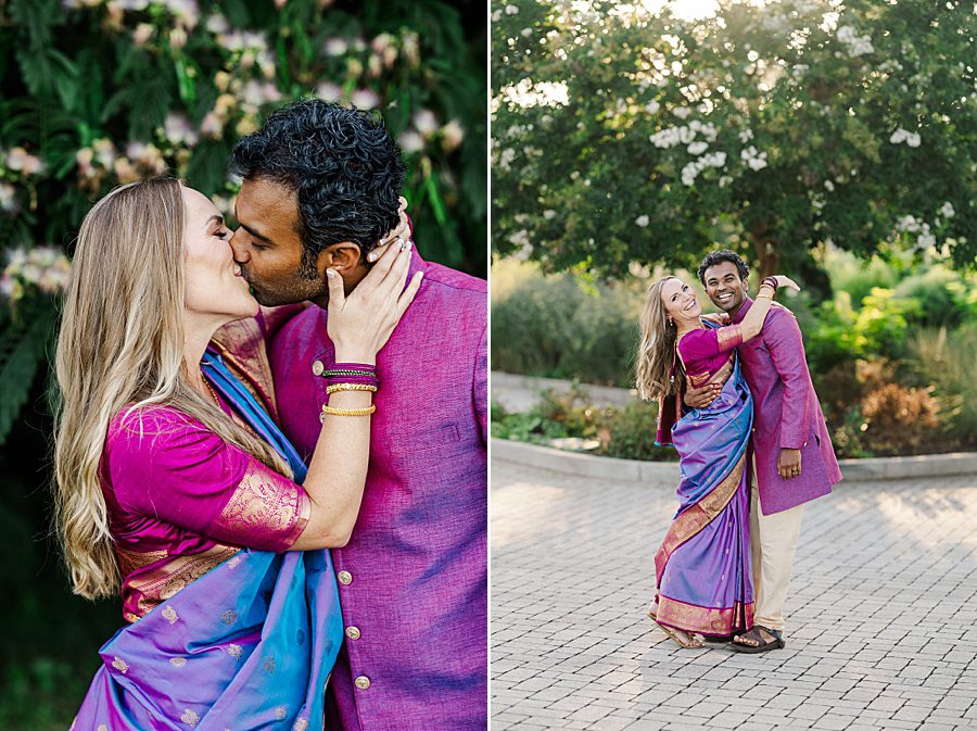 happy couple kissing during lakeshore park wedding portraits