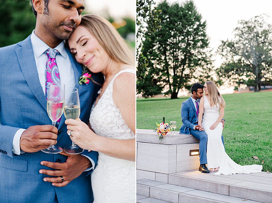 couple sharing champagne at lakeshore park wedding portraits