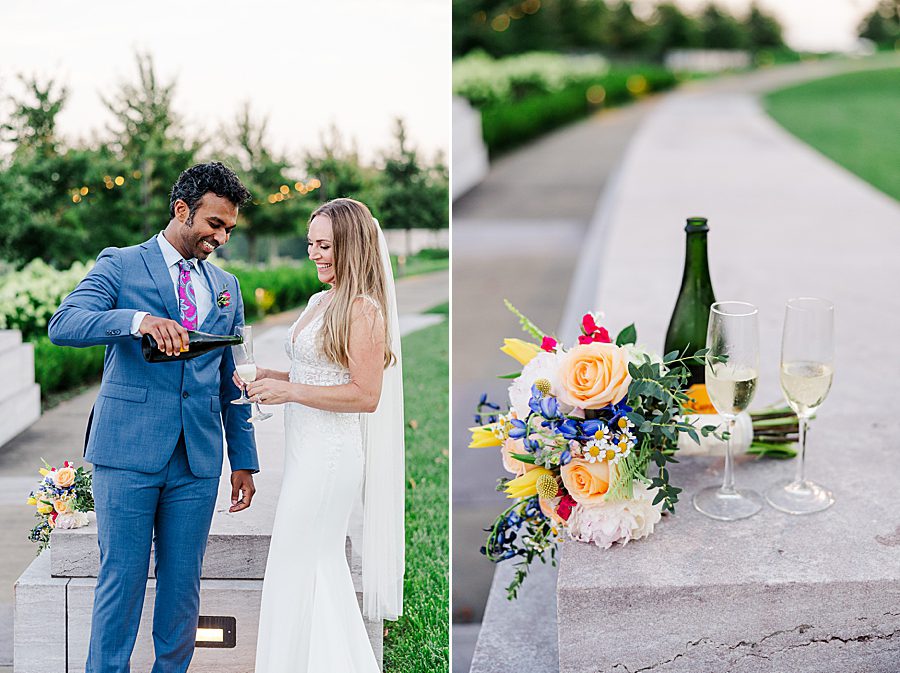 wedding bouquet and champagne