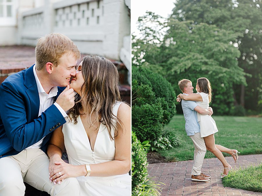 couple kissing while sitting on brick stairs