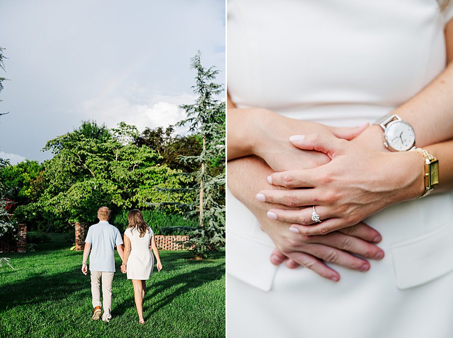 couple walking through green grass during photography session