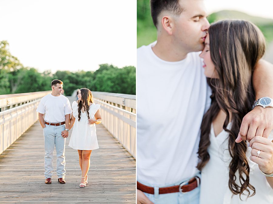 couple walking on bridge at seven islands engagement session