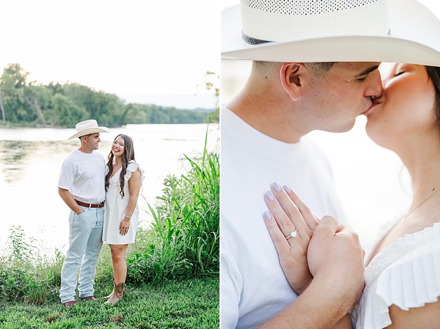 man in white cowboy hat kissing fiancee