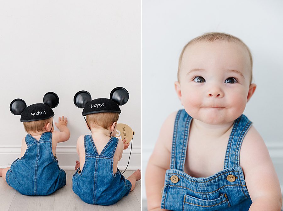 boys in mickey mouse ears at nine month twins milestone session