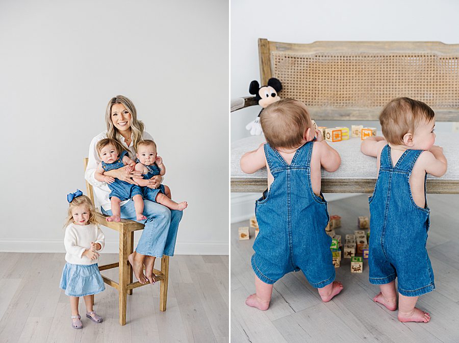 mom and three kids at nine month twins milestone session