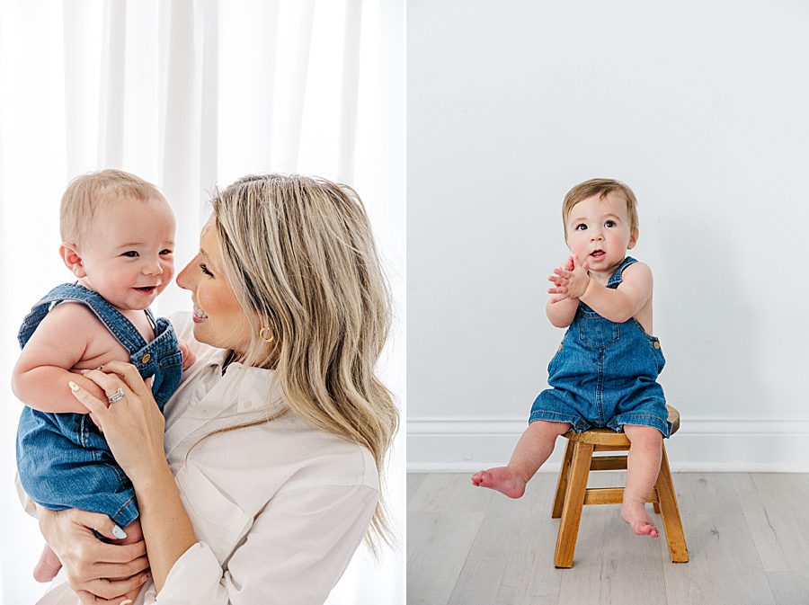 little boy sitting on stool in white room