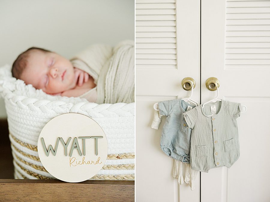 baby outfits hanging on nursery door at home newborn session
