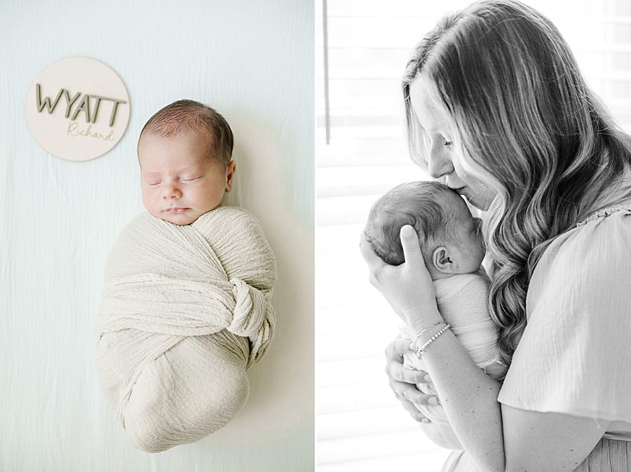 mom kissing son's head at home newborn session