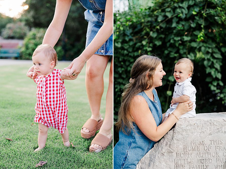 baby in red gingham overalls walking with mom