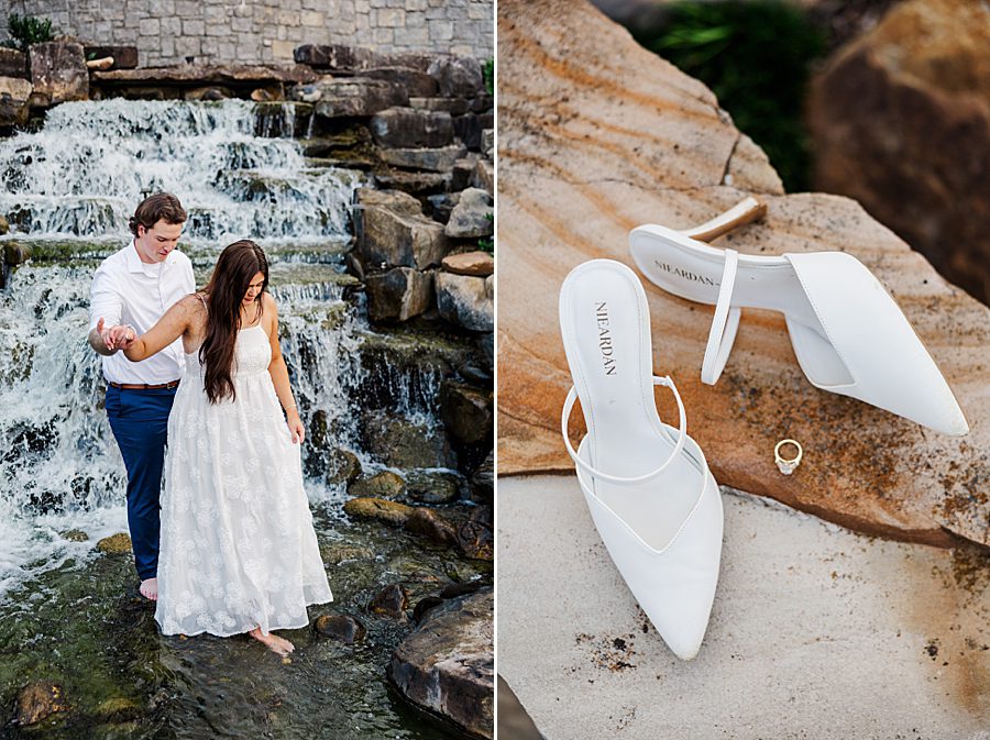 engagement ring and white shoes on rocks