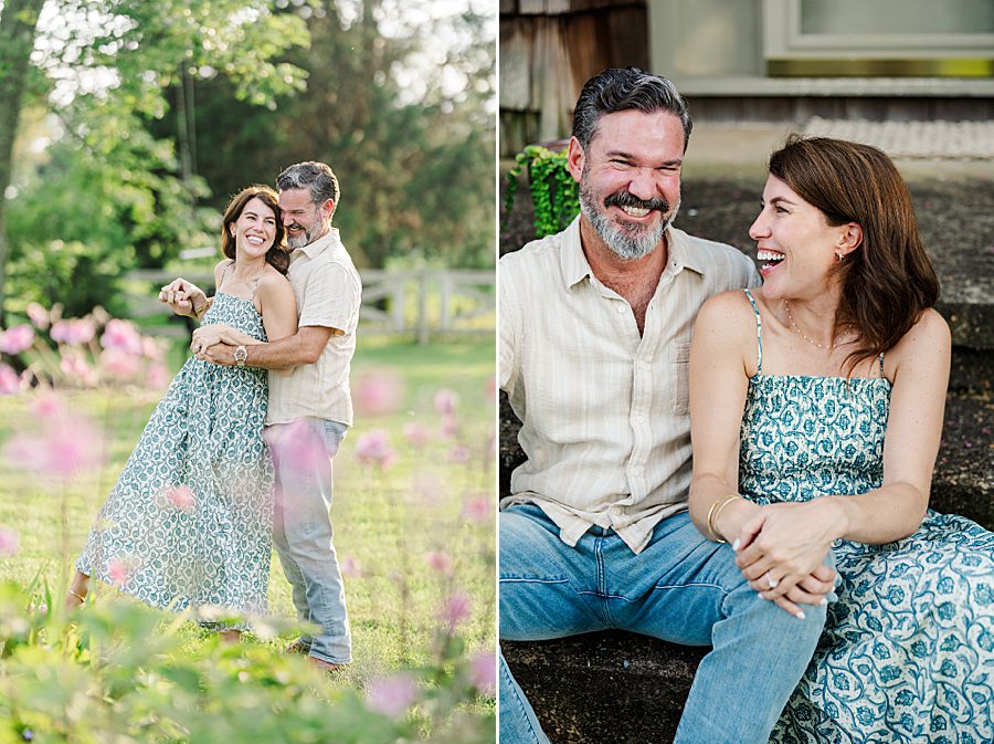couple in wildflower field at horse farm engagement