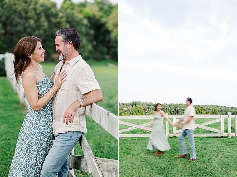 man leaning against fence at horse farm engagement session