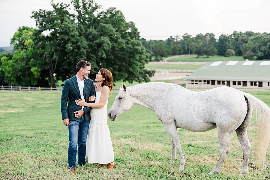 white horse with couple during photography session