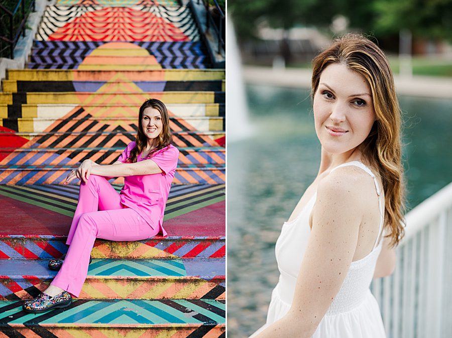 woman in hot pink scrubs at colorful stairs senior session