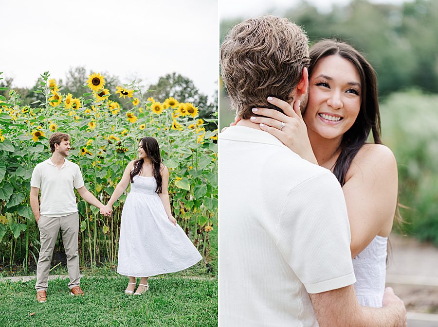 couple holding hands in front of sunflowers