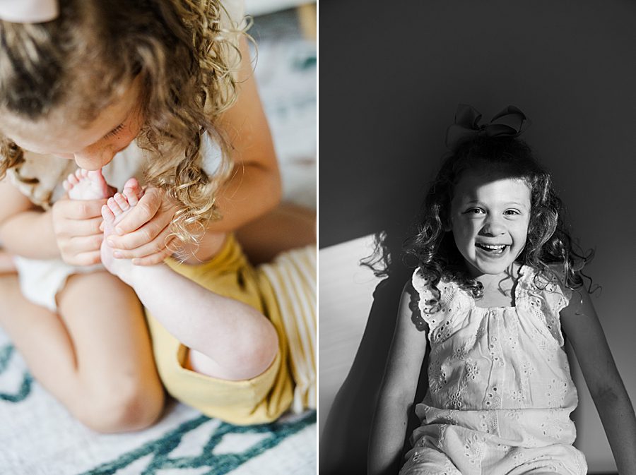 black and white photo of little girl in chair at powell home milestone session