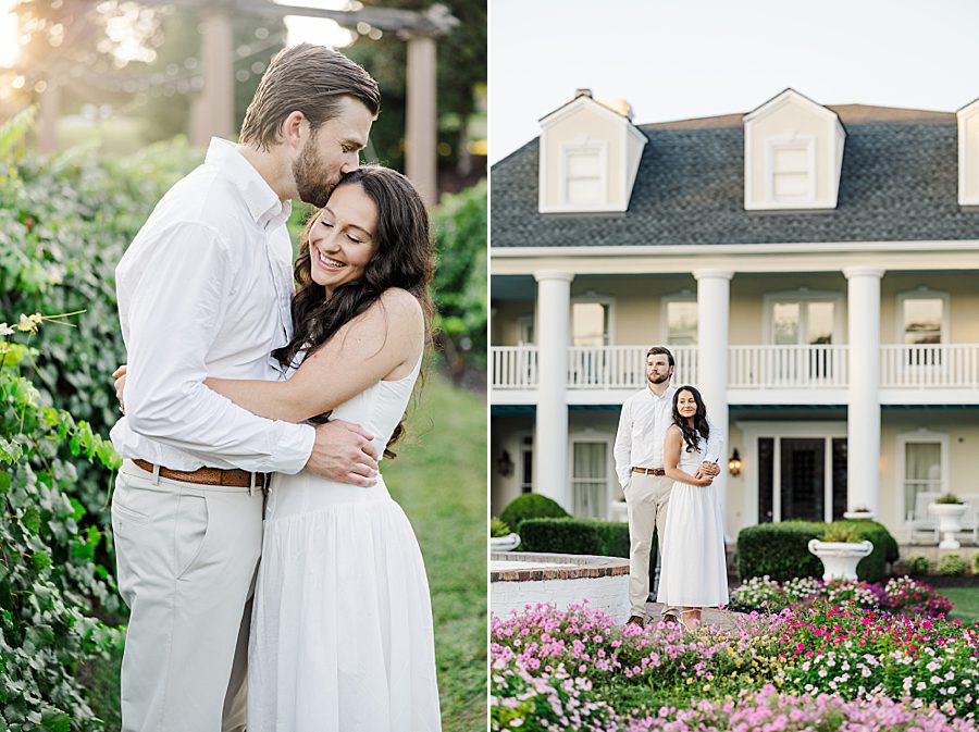 couple in white standing in front of white manor at castleton estate engagement session