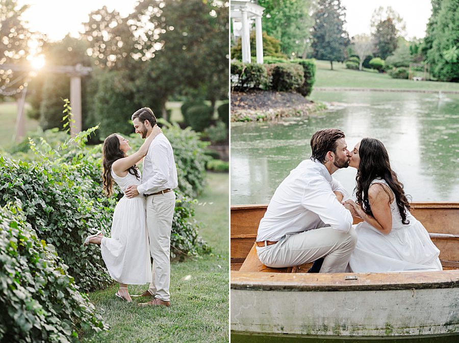 couple kissing in rowboat on pond