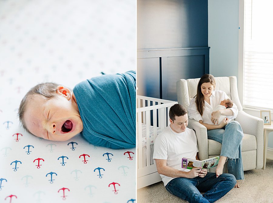 swaddled baby yawning