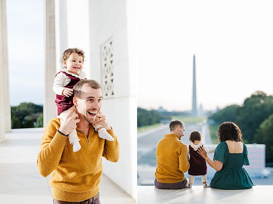 girl sitting on dad's shoulders at lincoln memorial sunrise session