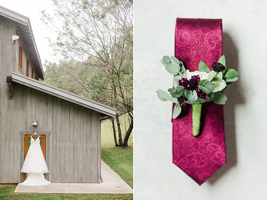 cranberry tie with boutonniere on top