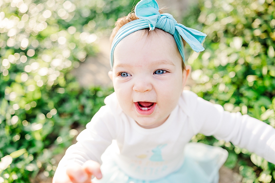smiling baby in blue bow