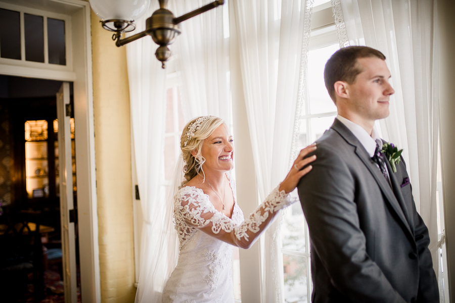 Historic Westwood in Knoxville, TN bride tapping groom on shoulder.