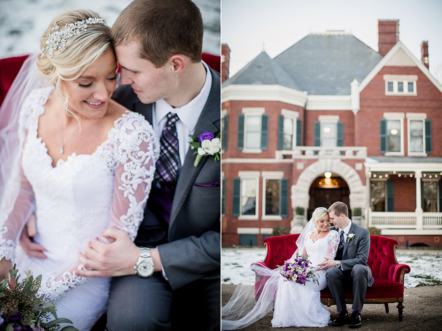 Historic Westwood in Knoxville, TN bride and groom on vintage red couch.