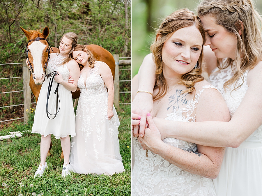 brides by horse at backyard wedding
