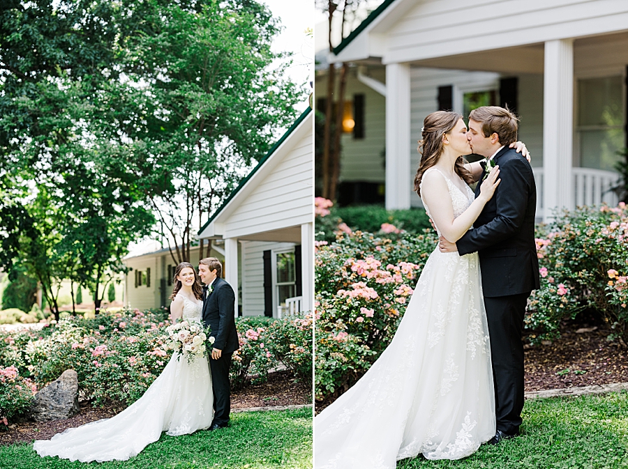 Kissing by the flower bushes at Julianna Wedding by Amanda May Photos