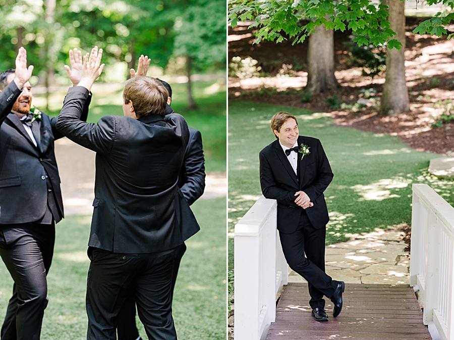 Groom high-fiving groomsmen at Julianna Wedding by Amanda May Photos