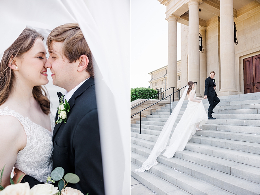 Groom helping bride up the steps at wedding by Amanda May Photos