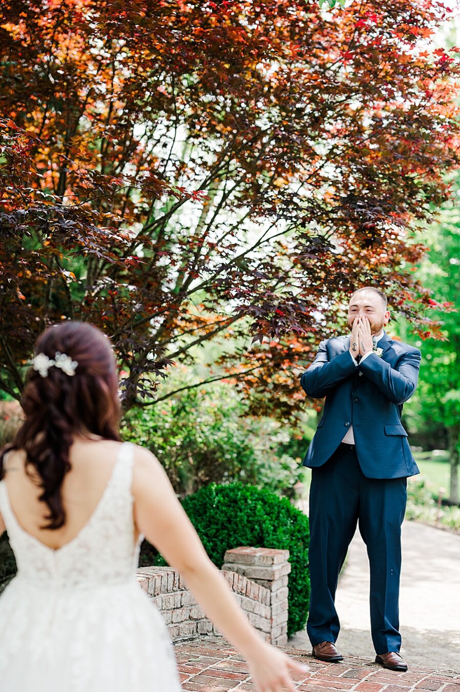 Groom's first reaction to bride at Carriage House Wedding by Amanda May Photos