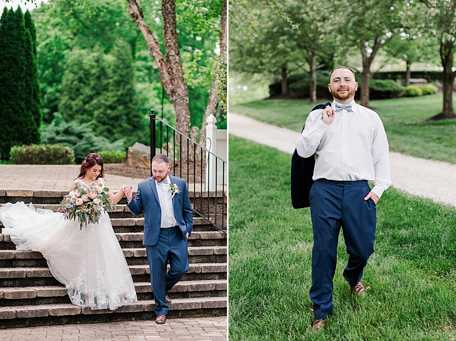 Groom helps bride down the steps at Carriage House Wedding by Amanda May Photos