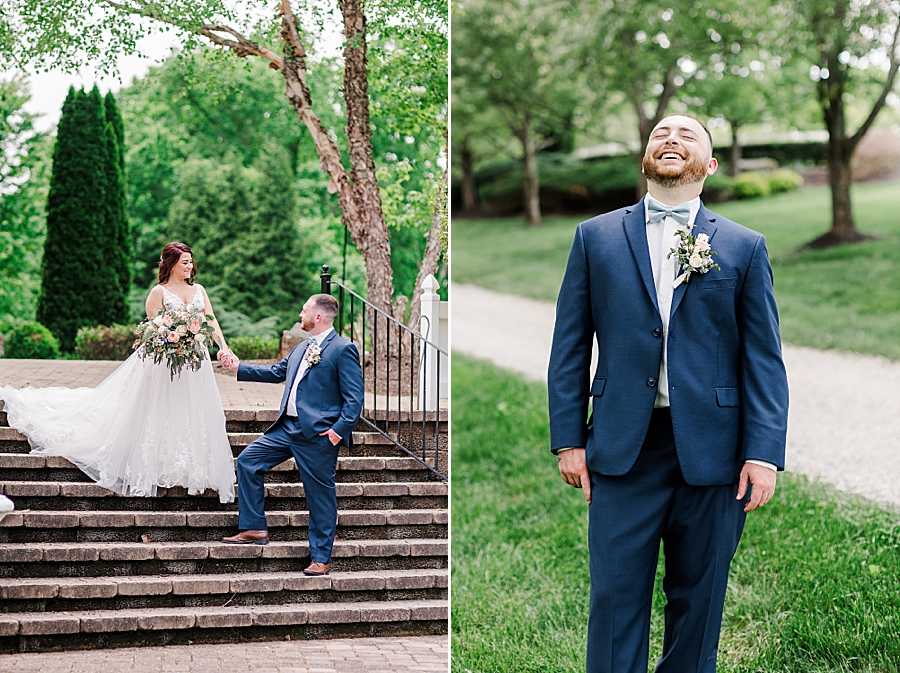 Groom laughing during Carriage House Wedding by Amanda May Photos