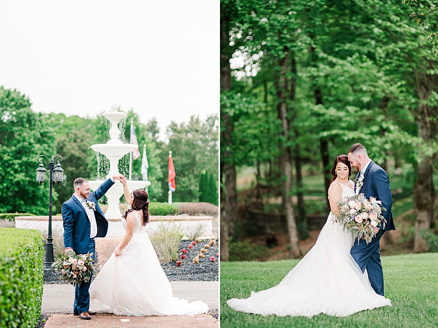 Dancing in front of the fountain at Carriage House Wedding by Amanda May Photos