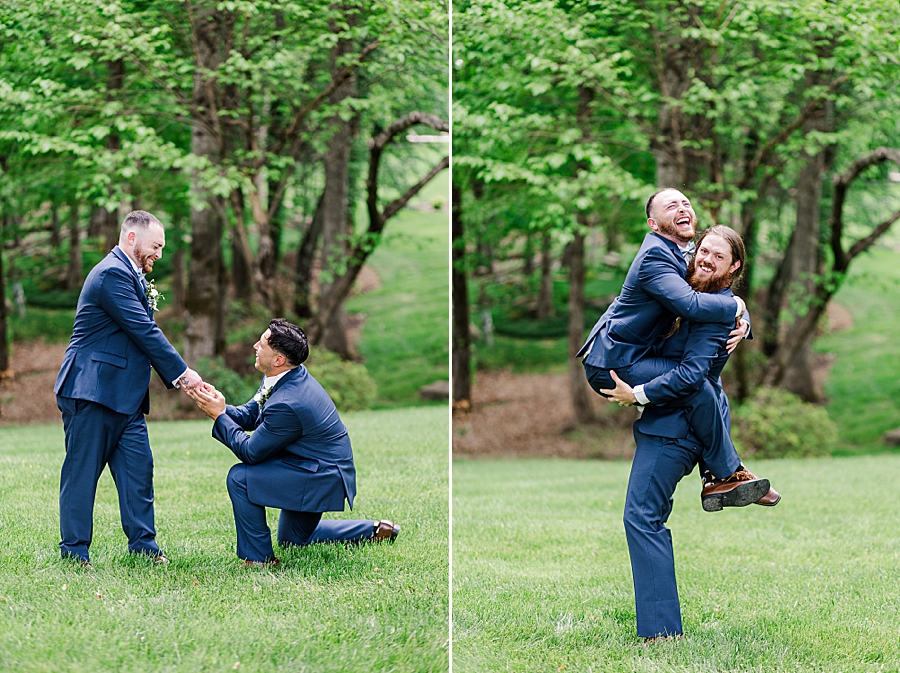 Groom and groomsman laughing at Carriage House Wedding by Amanda May Photos