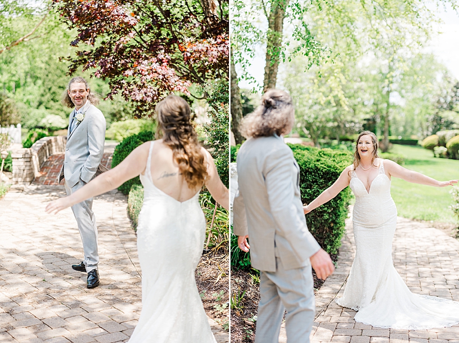 Bride and groom first look at Castleton Farms Wedding with a Rainbow by Amanda May Photos