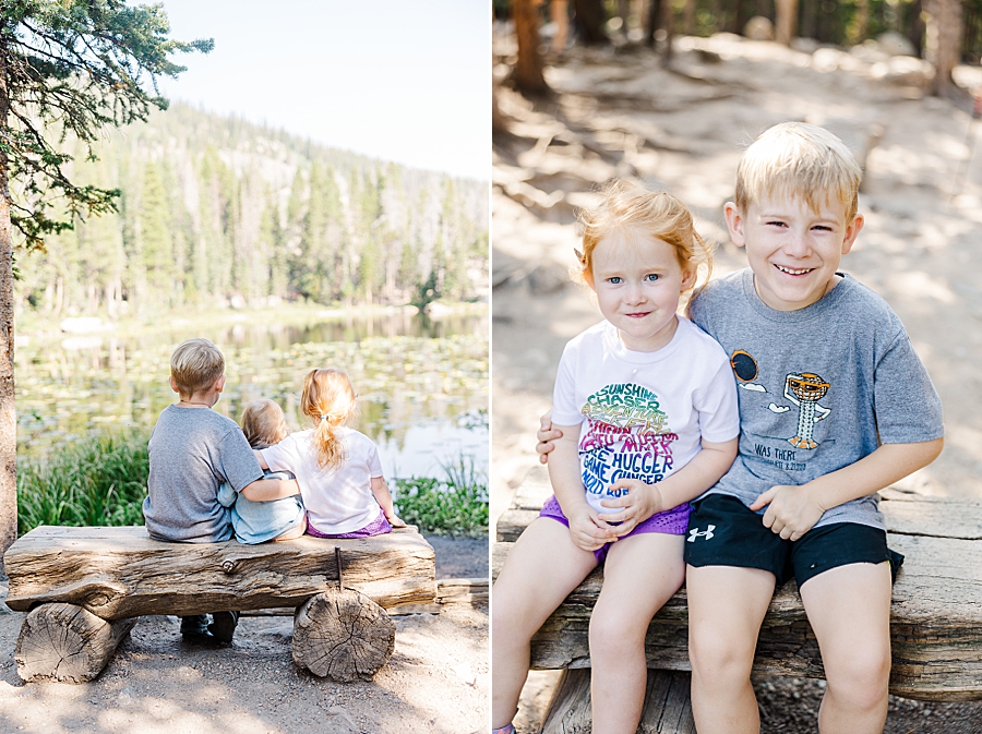 Boy with arm around girl at the Nymph Lake in the Rocky Mountain National Park by Knoxville Wedding Photographer, Amanda May Photos.