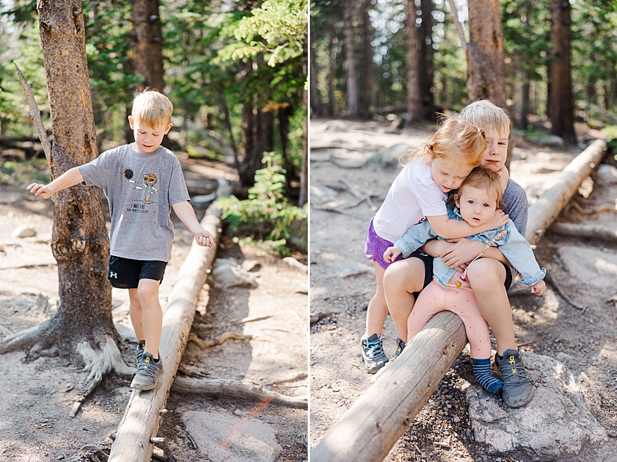 Sitting on log at the Nymph Lake in the Rocky Mountain National Park by Knoxville Wedding Photographer, Amanda May Photos.