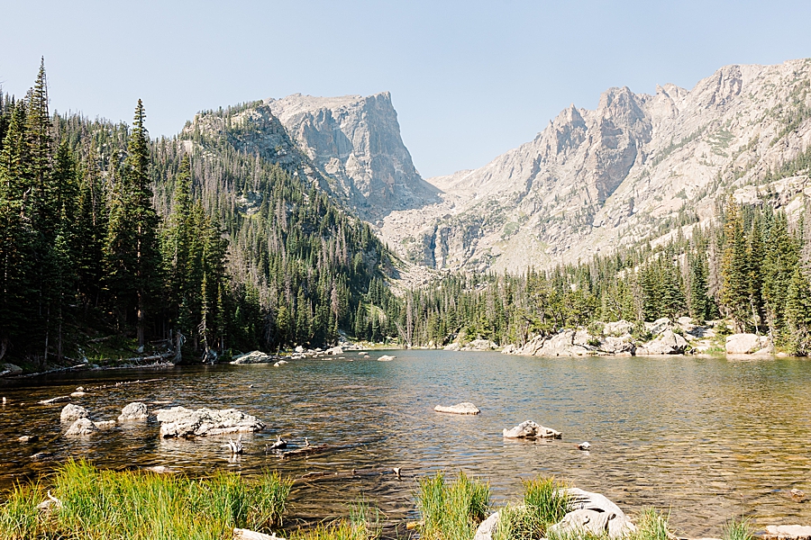 View of Dream Lake with mountains in the background.