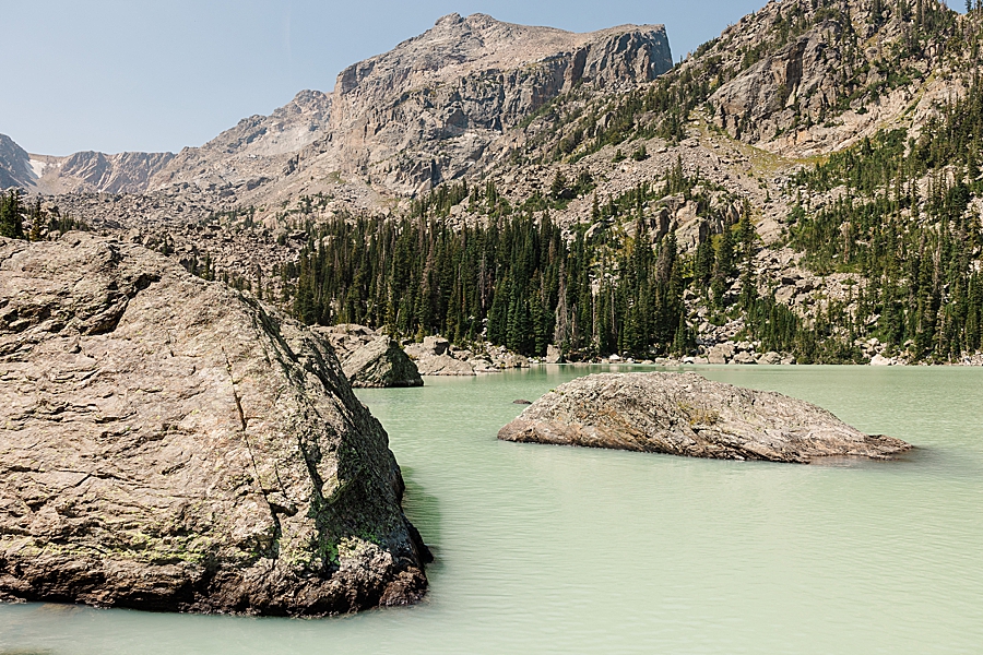 View of green water at Lake Haiyaha in the Rocky Mountain National Park by Knoxville Wedding Photographer, Amanda May Photos.
