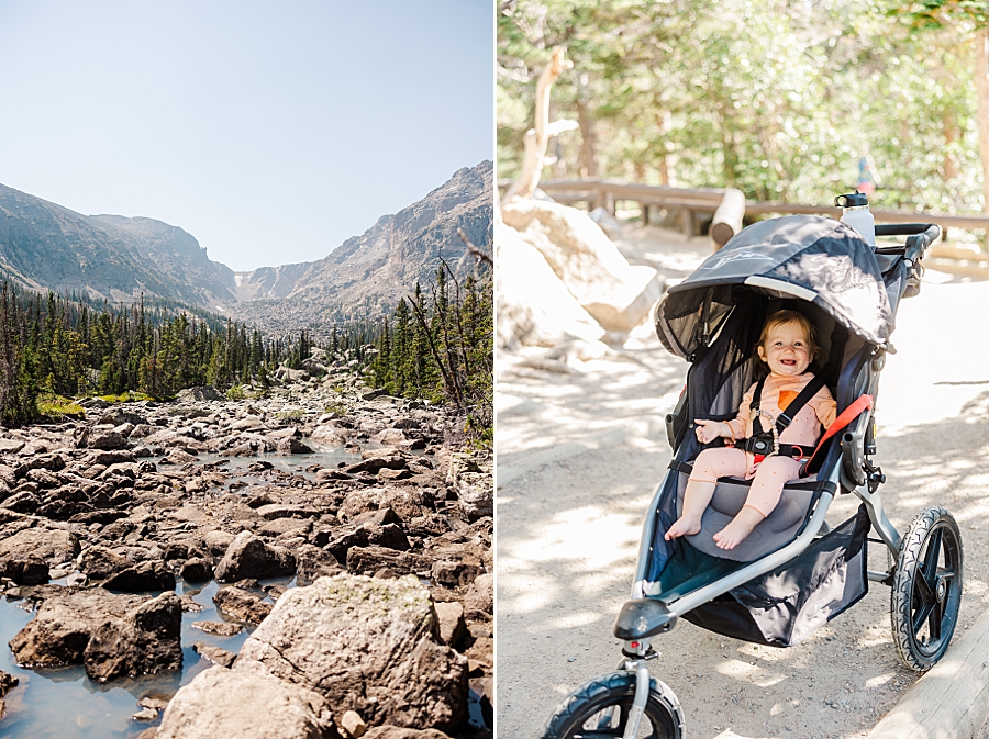 Sitting in stroller at Lake Haiyaha in the Rocky Mountain National Park by Knoxville Wedding Photographer, Amanda May Photos.
