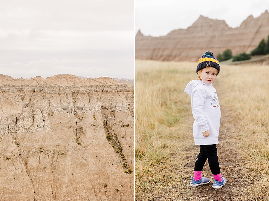 Little girl in hat at Badlands National Park in South Dakota by Knoxville Wedding Photographer, Amanda May Photos.