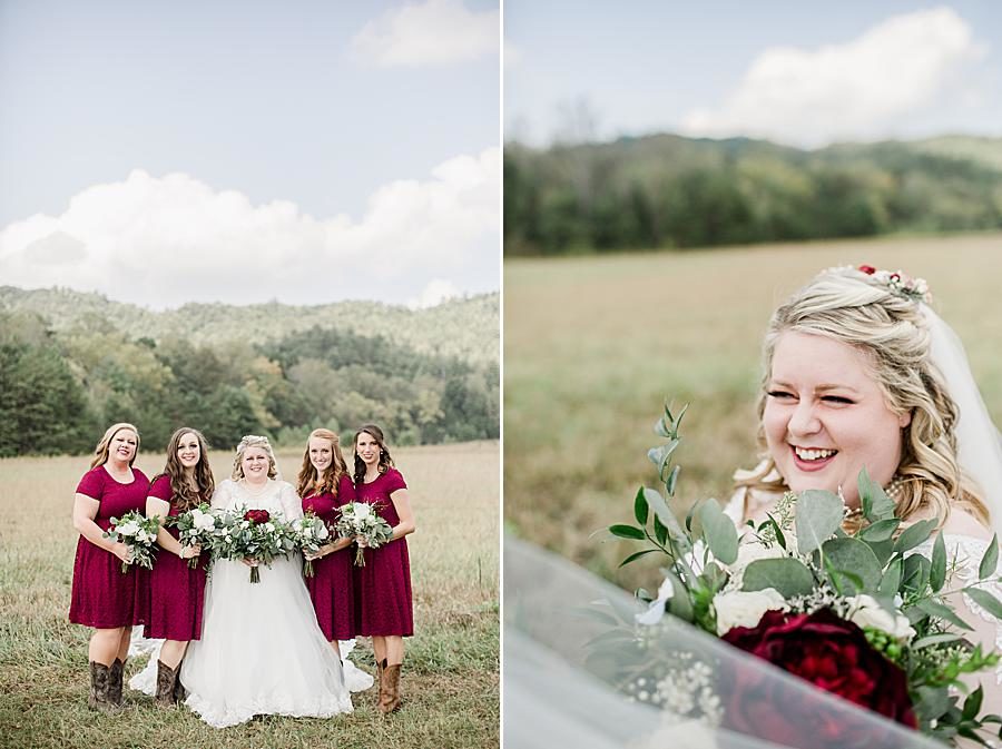 Cranberry dresses at this Cades Cove wedding by Knoxville Wedding Photographer, Amanda May Photos.