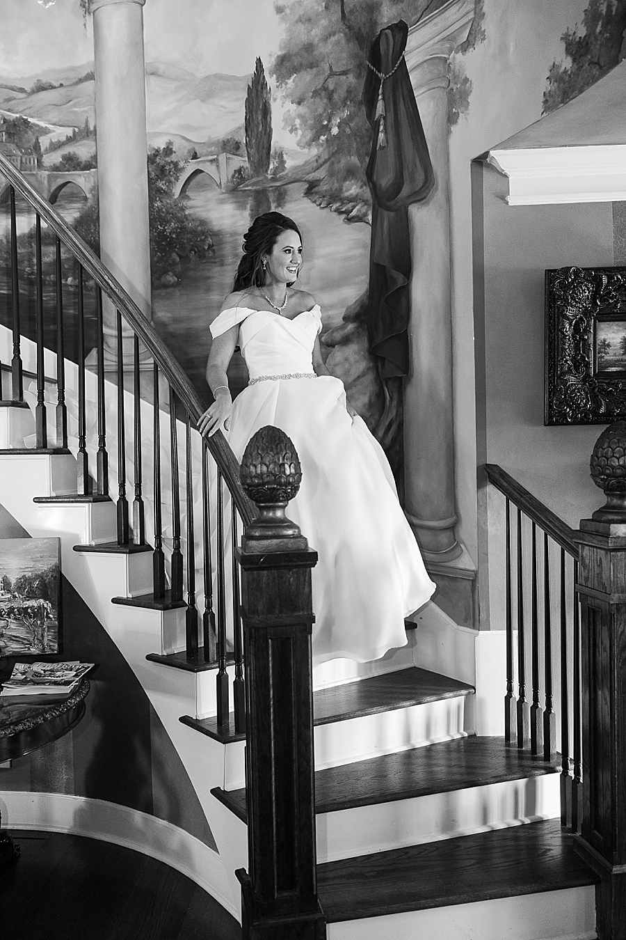 bride walking down castleton stairs
