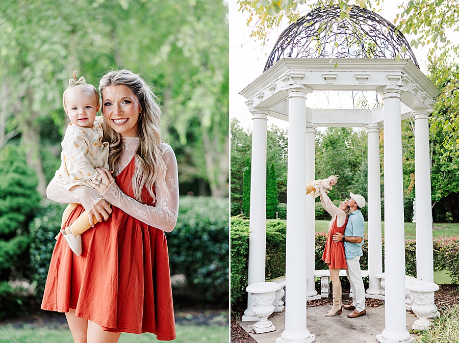 family standing under ornate gazebo