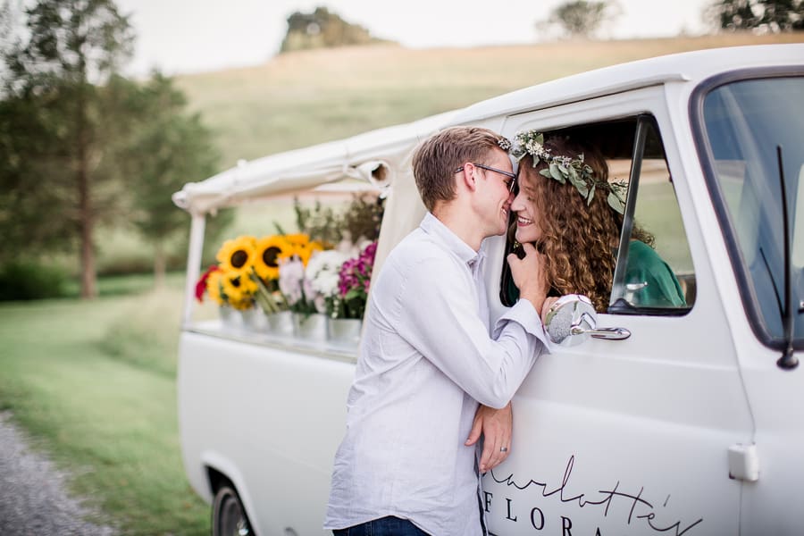 Leaning out the window at this flower truck session by Knoxville Wedding Photographer, Amanda May Photos.