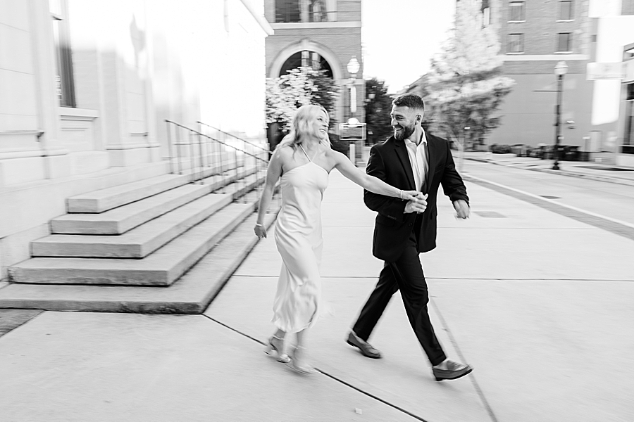 black and white downtown engagement photo