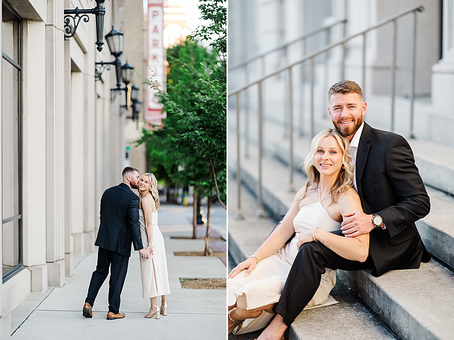 kiss on cheek at downtown engagement